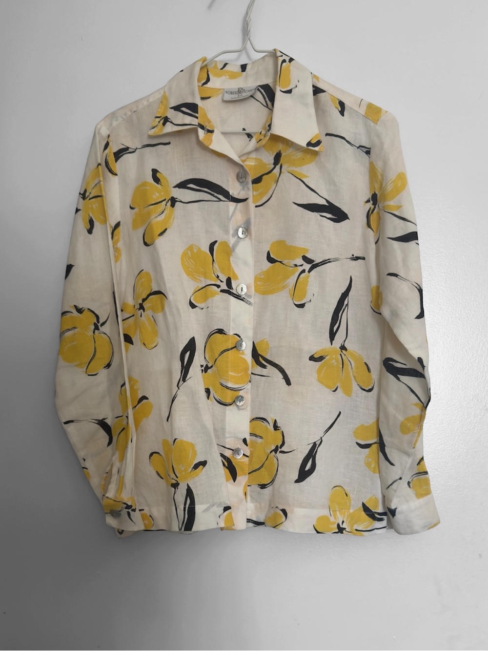 Robert Kitchen Canada 100% Linen Yellow Floral Button Up Blouse Shirt Size Small